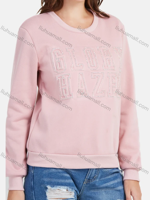 Wholesale Women's Casual Fleece Rhinestone Letters Round Neck Long Sleeve Pullover Sweatshirt