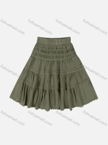 Wholesale Girls' Casual  Plain Elastic Waist Ruched Embroidered Ruffle Hem Lace Trim Maxi Skirt, LIUHUA CLOTHING WHOLESALE