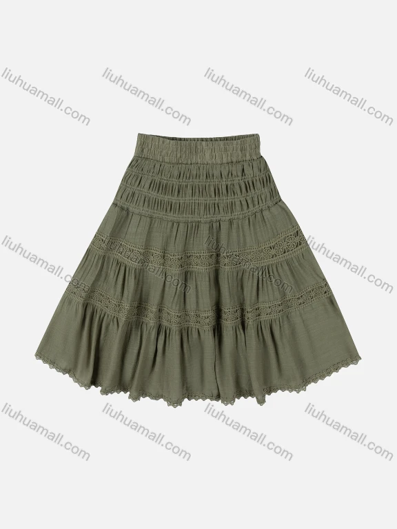 Wholesale Girls' Casual  Plain Elastic Waist Ruched Embroidered Ruffle Hem Lace Trim Maxi Skirt