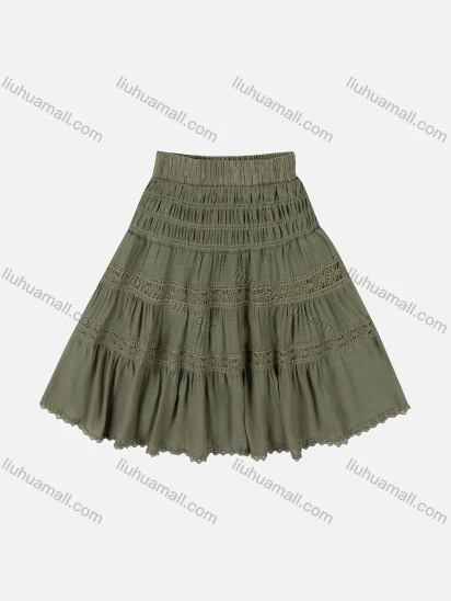Wholesale Girls' Casual  Plain Elastic Waist Ruched Embroidered Ruffle Hem Lace Trim Maxi Skirt