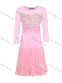 Wholesale Girls Elegant Crew Neck Long Sleeve 3D Floral Rhinestone Splicing Pearl Decor Dress, LIUHUA CLOTHING WHOLESALE