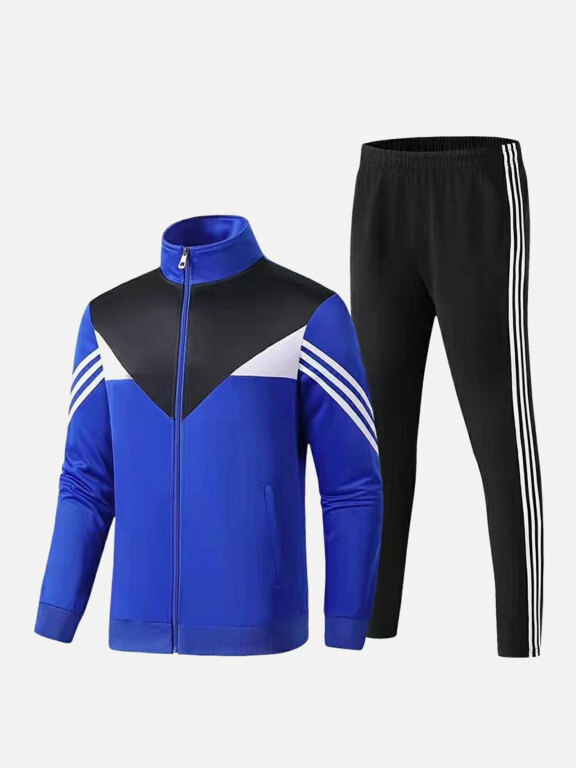 Men's Athletic Workout Splicing Colorblock Striped Stand Neck Zip Jacket & Elastic Waist Ankle Length Pants 2 Piece Set, Clothing Wholesale Market -LIUHUA, MEN, Sportswear