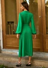 Wholesale Women's Casual Plain Wrap V Neck Long Sleeve Pleated Midi Dress With Belt - Liuhuamall
