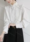 Wholesale Women's Elegant Scallop Edge Mock Neck Long Sleeve Pearl Button Ruched Pleated Plain Blouse - Liuhuamall