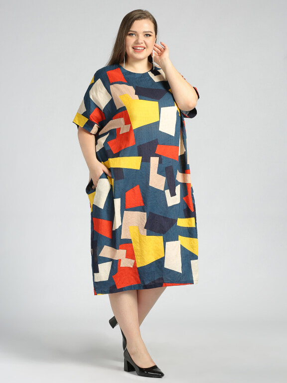 Women's Round Neck Short Sleeve Allover Geo Print Plus Midi Dress, Clothing Wholesale Market -LIUHUA, 