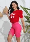 Wholesale Women's Casual Crew Neck Short Sleeve Heart Print Top - Liuhuamall