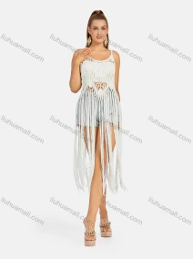 Wholesale Women's Plain Knit Hollow Out Tassel Fringe Cover Up Cami Dress B110#, LIUHUA CLOTHING WHOLESALE