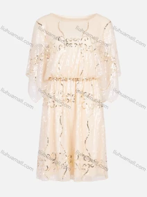 Wholesale Women's Fashion Round Neck Butterfly Sleeve Mesh Sequin Cocktail Dress 99029#, LIUHUA CLOTHING WHOLESALE