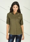 Wholesale Women's Casual Military Style Collared Distressed Long Sleeve Top Button Down Ripped Raw Hem Shirt - Liuhuamall