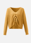 Wholesale Women's V Neck Drawstring Cable Knit Plain Sweater - Liuhuamall