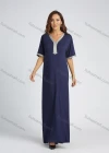 Wholesale Women's Plain Embroidered Trims Ruffle Hem V Neck Maxi Kaftan - Liuhuamall