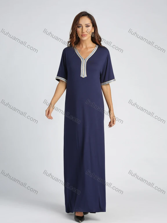 Wholesale Women's Plain Embroidered Trims Ruffle Hem V Neck Maxi Kaftan