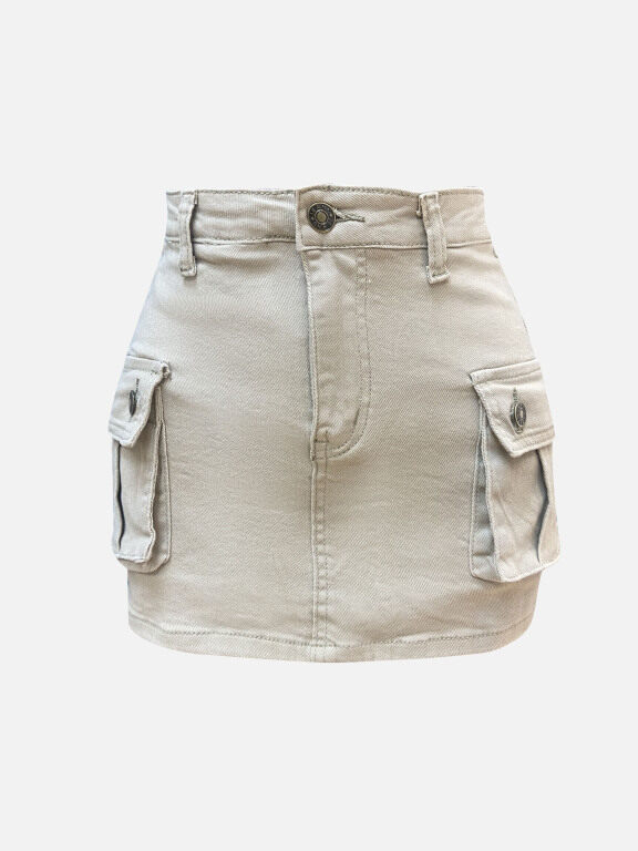 Women's Casual Plain Multiple Flap Pockets Mini Denim Skirts, Clothing Wholesale Market -LIUHUA, Denim