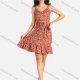 Wholesale Women's Elegant Allover Print V Neck Buttons Front Ruffle Hem Short Cami Dress With Belt Rust Orange Clothing Wholesale Market Liuhua