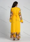 Wholesale Women's Bell Sleeve Round Neck Floral Print Splicing Rhinestone Maxi Dress With Belt - Liuhuamall