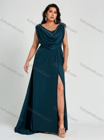 Wholesale Woman's Sexy Glamorous Satin Sleeveless V Neck Rushed Side Slit Sequin Plain Cocktail Dress , LIUHUA CLOTHING WHOLESALE