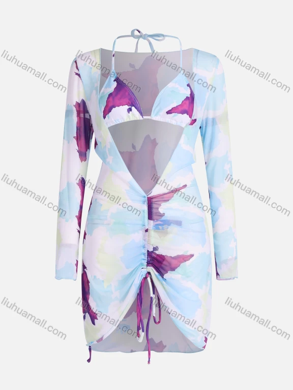 Wholesale Women's Sexy Ink Splash Abstract Print Cover Up Dress & Bikini Swimsuit 3-piece Set