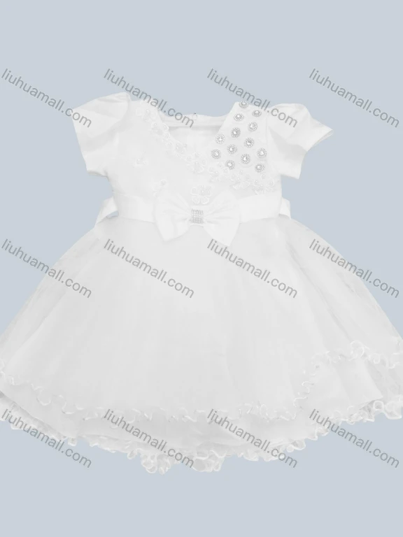 Wholesale Girls Lovely Short Sleeve 3D Floral Rhinestone Appliques Ruched Tiered Ruffle Trim Dress