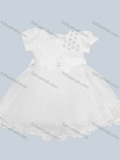Wholesale Girls Lovely Short Sleeve 3D Floral Rhinestone Appliques Ruched Tiered Ruffle Trim Dress