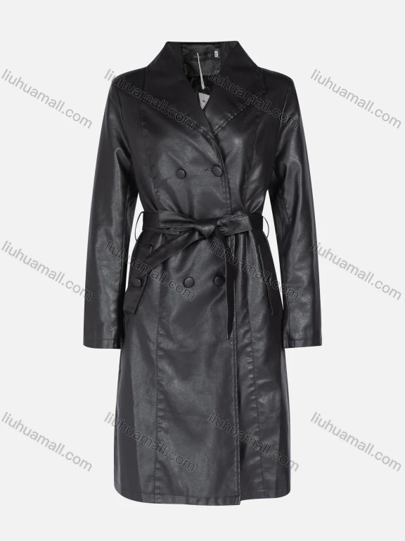 Wholesale Women's Fashion Slim Fit Lapel Lace Up Leather Double Breasted Trench Coat 22806#