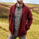 Wholesale Men's Casual Plain Lapel Collar Ribbed Chunky Knit Long Sleeve Button Down Cardigan Red Clothing Wholesale Market Liuhua