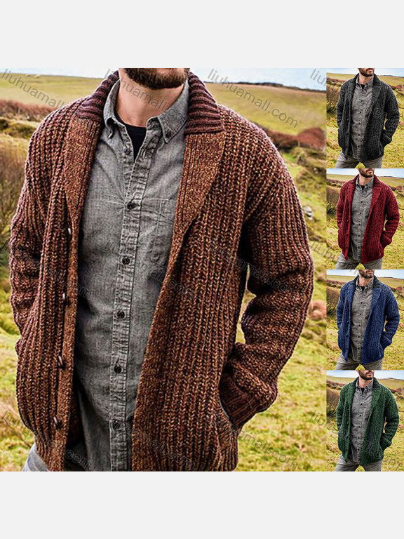 Wholesale Men's Casual Plain Lapel Collar Ribbed Chunky Knit Long Sleeve Button Down Cardigan