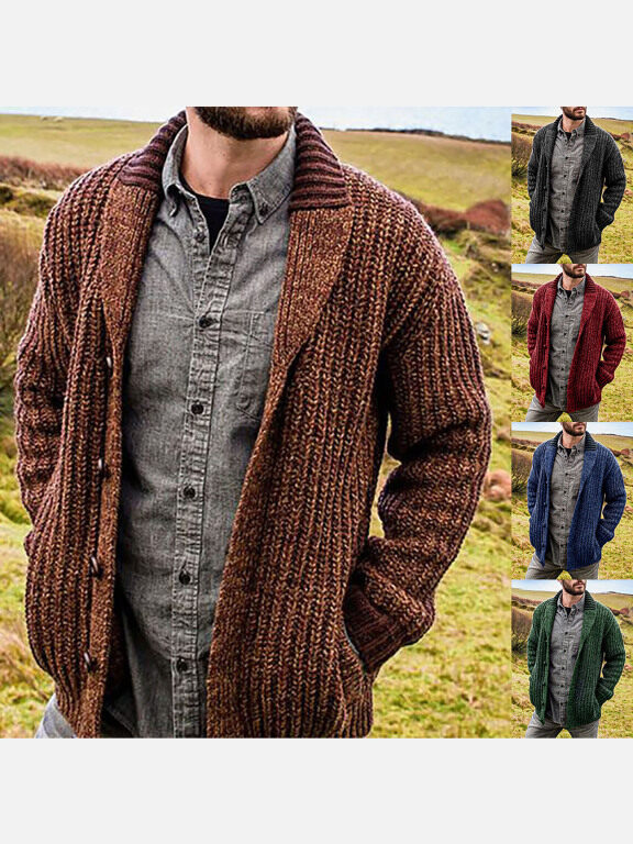 Men's Casual Plain Lapel Collar Ribbed Chunky Knit Long Sleeve Button Down Cardigan, Clothing Wholesale Market -LIUHUA, MEN, Sweaters-Knits
