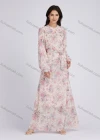 Wholesale Women's Elegant Floral Print Chiffon Round Neck Long Sleeve Maxi Dress With Belt - Liuhuamall