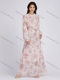 Wholesale Women's Elegant Floral Print Chiffon Round Neck Long Sleeve Maxi Dress With Belt, LIUHUA CLOTHING WHOLESALE