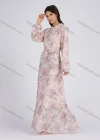 Wholesale Women's Elegant Floral Print Chiffon Round Neck Long Sleeve Maxi Dress With Belt - Liuhuamall