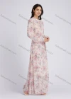 Wholesale Women's Elegant Floral Print Chiffon Round Neck Long Sleeve Maxi Dress With Belt - Liuhuamall