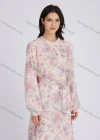 Wholesale Women's Elegant Floral Print Chiffon Round Neck Long Sleeve Maxi Dress With Belt - Liuhuamall