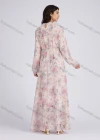 Wholesale Women's Elegant Floral Print Chiffon Round Neck Long Sleeve Maxi Dress With Belt - Liuhuamall