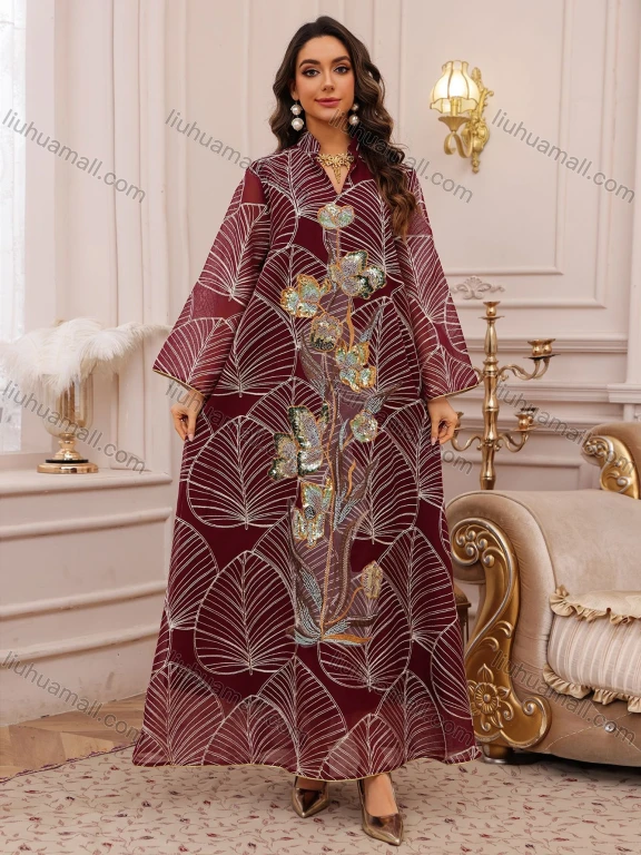 Wholesale Luxury Embroidered Abaya for Women, Elegant Sequined Floral Kaftan Dress, Modest Muslim Maxi Robe for Evening Party