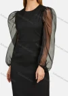 Wholesale Women's Fashion Round Neck Mesh Semi-Sheer Lantern Sleeve Plain Dress - Liuhuamall
