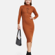 Women's Turtleneck High Neck Lace Up Pearl Decor Bodycon Knit Dress 2192# Brown Clothing Wholesale Market -LIUHUA