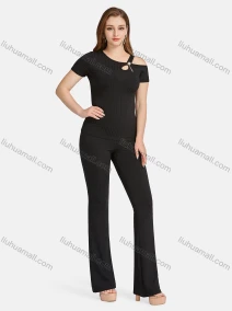 Wholesale Women's Casual Slim Fit Short Sleeve Cut Out Ribbed Pearl Decor Blouse 2-piece Set, LIUHUA CLOTHING WHOLESALE