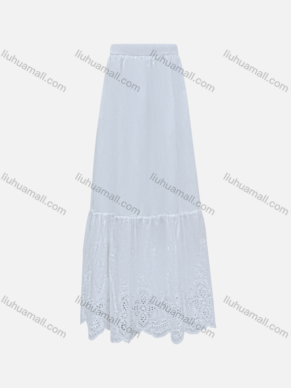 Wholesale Women's Elegant 100%Cotton Plain Splicing Eyelet Embroidered Ruched Maxi Skirt SC3649#