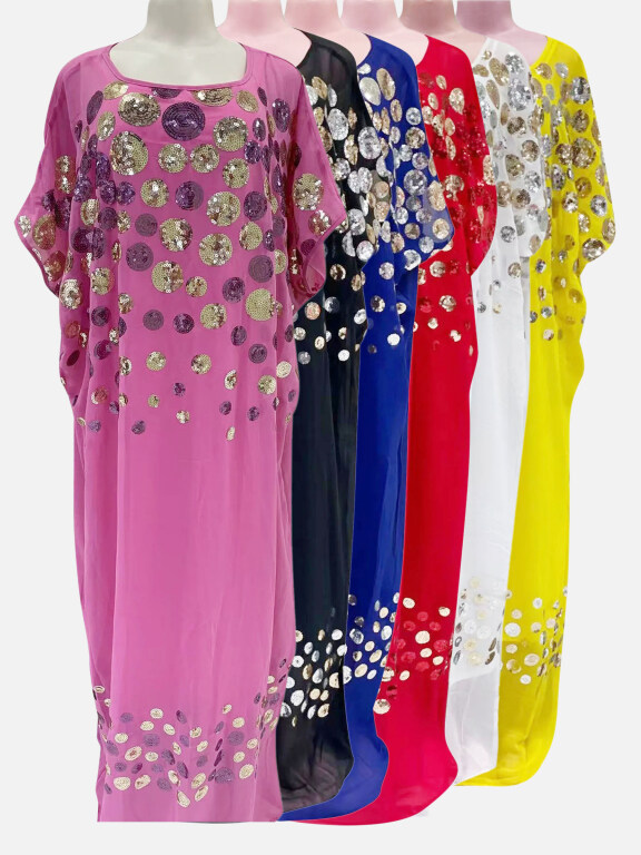 Women's Vintage Sequin Polka Dot Pullover Maxi Kaftan Dress, Clothing Wholesale Market -LIUHUA, SPECIALTY, Ethnic-Clothing
