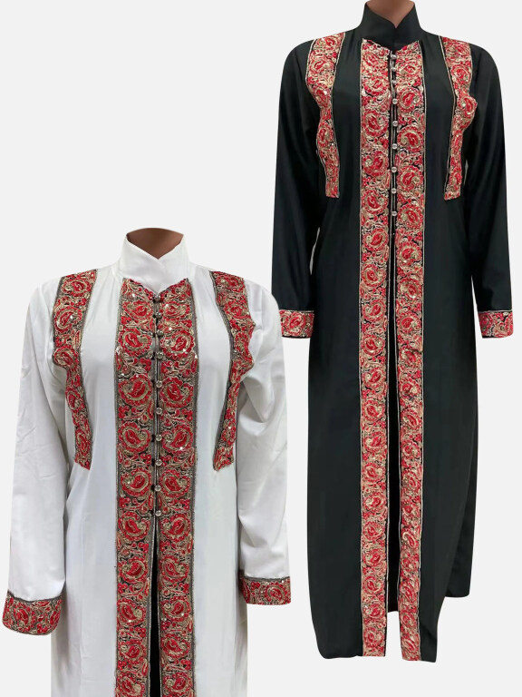 Women's Vintage Stand Collar Long Sleeve Floral Embroidery Abaya Maxi Dress, Clothing Wholesale Market -LIUHUA, 