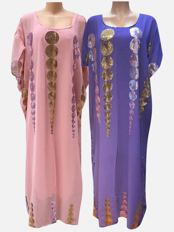 Women's Vintage Square Neck Sequin Beaded Pullover Maxi Kaftan Dress, Clothing Wholesale Market -LIUHUA, 