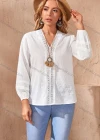 Wholesale Women's Casual Plain Swiss Dot Lace Trim V Neck Long Sleeve Blouse - Liuhuamall