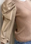 Wholesale Women's Fashion Puff Sleeve Knit Splicing Pullover Sweater - Liuhuamall