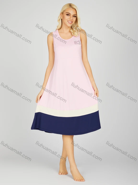 Wholesale Women's Soft Milk Silk Colorblock Crew Neck Rhinestone Lounge Tank Midi Night Dress 1178#
