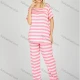 Wholesale Women's Striped Ruched Button Front Milk Silk Short Sleeve Top & Pant Lounge 2 Piece Set 2323# Pink Clothing Wholesale Market Liuhua