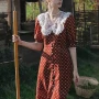 Wholesale Women's Vintage Sheer Lace Peter Pan Collar Half Sleeve Polka Dot Maxi Dress AY004# preview