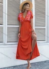 Wholesale Women's Boho V Neck Short Sleeve Floral Print Side Slit Midi Dress AY108# - Liuhuamall