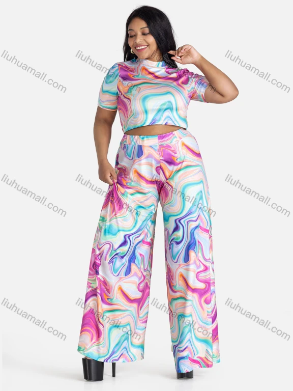Wholesale Women's Casual Tie Dye Short Sleeve Crop Top & Wide Leg Pants 2-piece Set