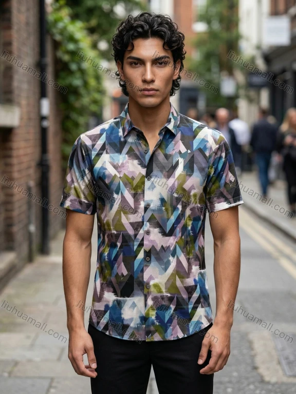 Wholesale 2026 Men's Slim Fit Short Sleeve Geometric Print Shirt - Fashion Casual Streetwear Top, Wholesale In Stock for Men
