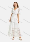 Wholesale Women's Casual Deep V Neck Circular Cap Sleeve Floral Guipure Lace Hollow Out Plain Maxi Dress - Liuhuamall
